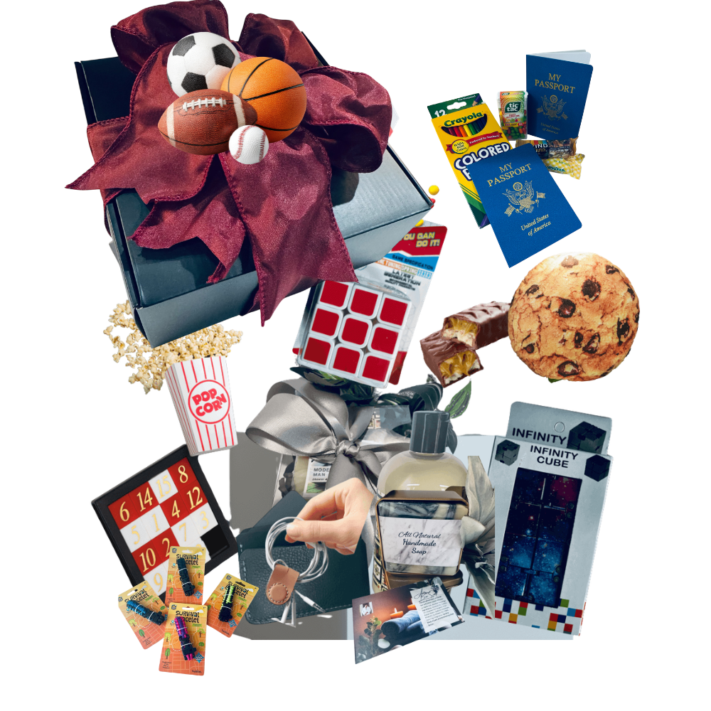 Collage of various items including a bouquet, cookies, and cards on a white background