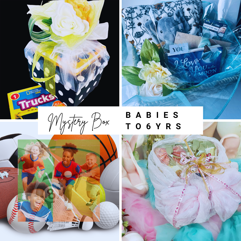 Collage of gift boxes for babies and toddlers with toys and flowers.