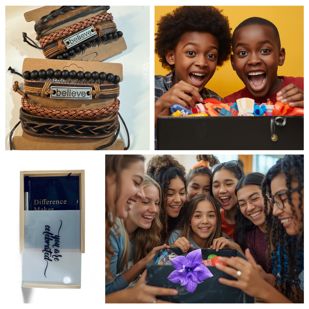 Collage of bracelets with 'believe' tag, children playing, and a group of people smiling.