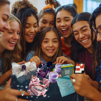 Thumbnail for Group of young women gathered around a table with various small items, smiling and posing for a photo.