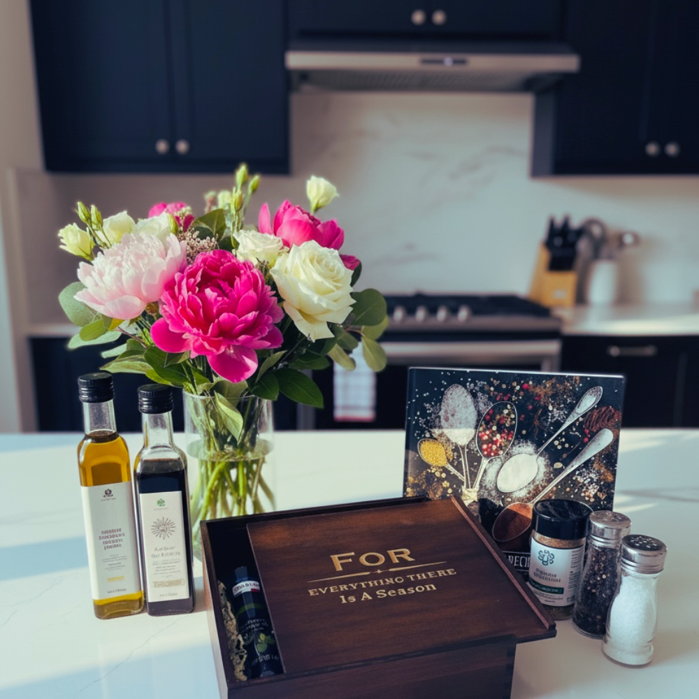 Kitchen counter with flowers, bottles, a wooden box, and a decorative card.