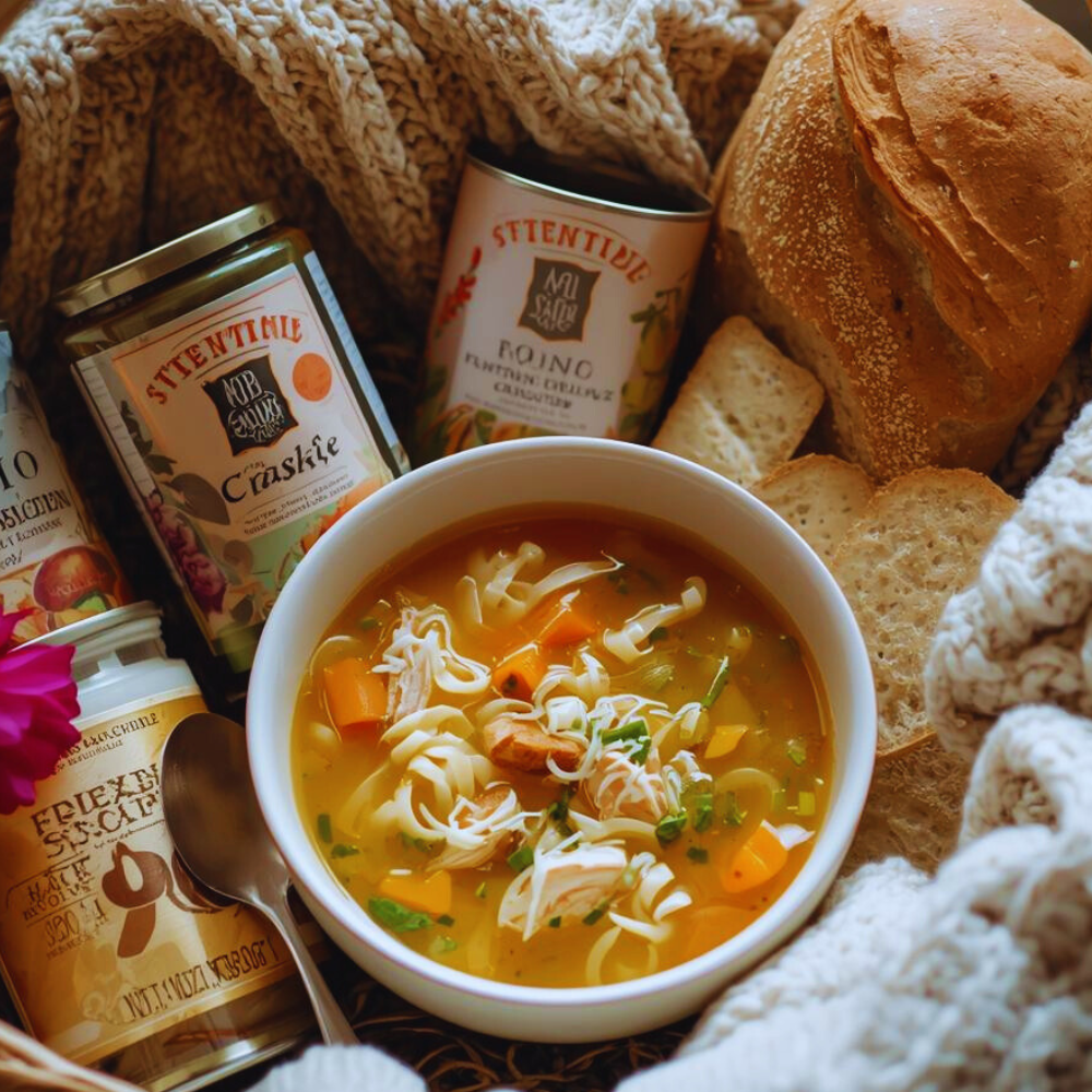  bowl of soup with cans, bread, and a blanket