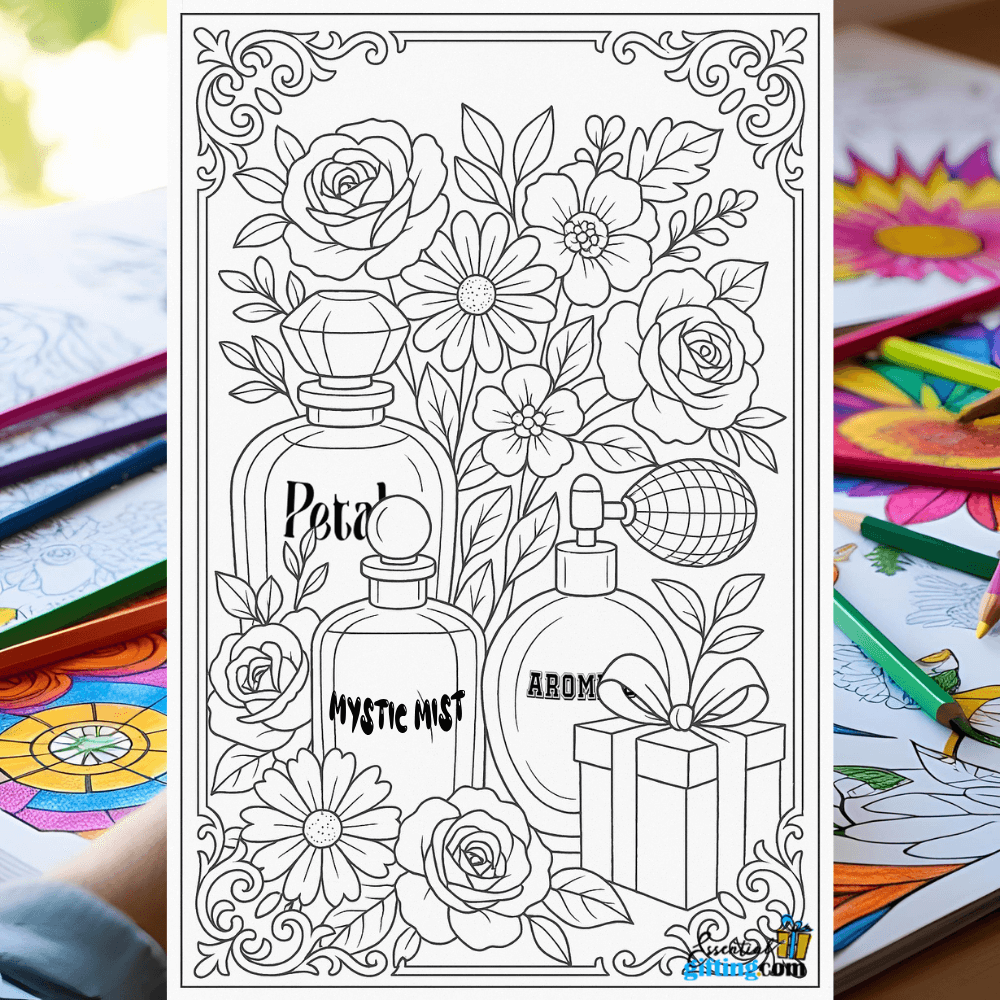 Perfume and Flowers Designs Coloring Page.