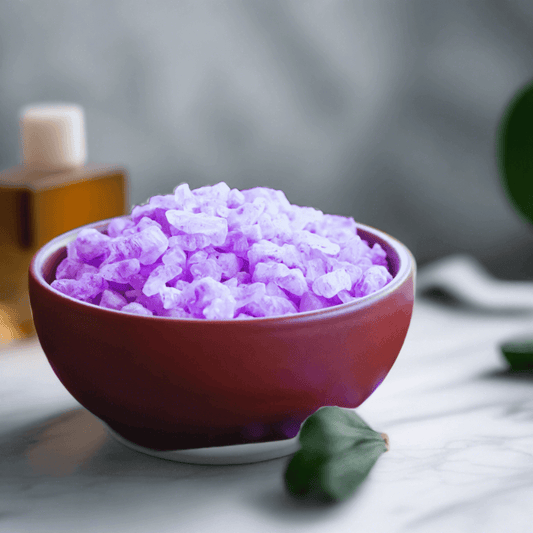 Relaxing bath salts in a bowl, purple crystal-like relaxing spa experience