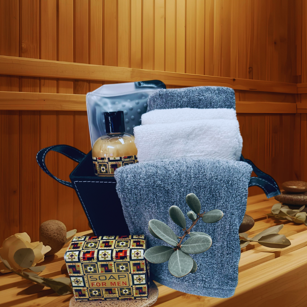 Grey towels and soap on a wooden surface with a wooden panel background