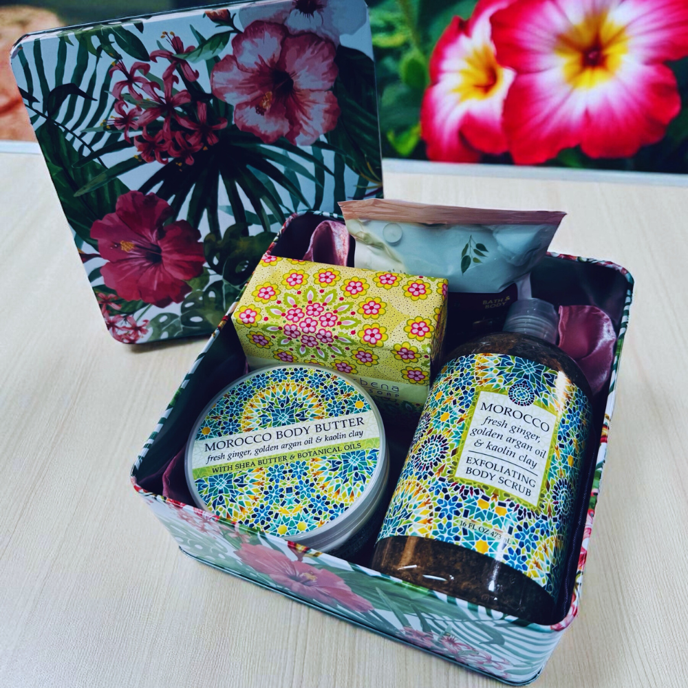 Moroccan skincare products in a decorative box with floral design