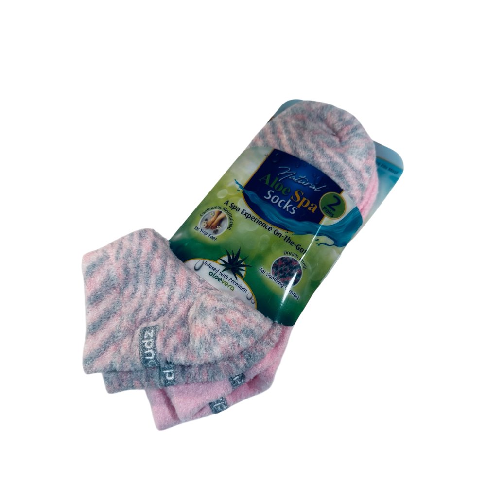 Pair of pink and gray patterned socks with a packaging label on a white background
