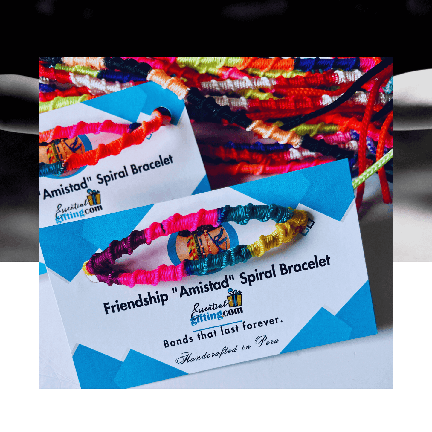 Vibrant friendship bracelets on colorful background. Spiral bracelet design with charming "Amistid" branding. Party favors for girls and friends.