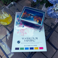 Thumbnail for Artistic set with watercolor painting book and cityscape card on a table with a drink and flowers.