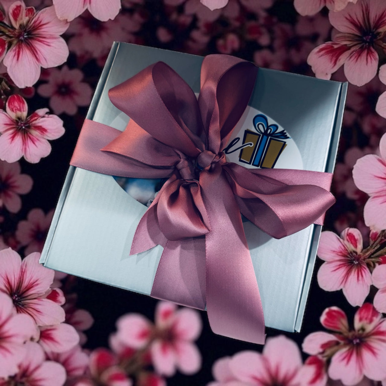 Gift box with a pink ribbon on a floral background