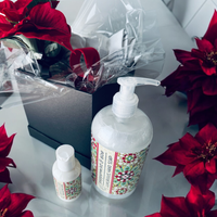 Thumbnail for Handsoap and Lotion with decorative labels on a surface with red flowers.