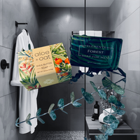 Thumbnail for Two soaps, one labeled 'aloe + oat' and the other 'Elements Forest', hanging on a towel rack in a bathroom setting.