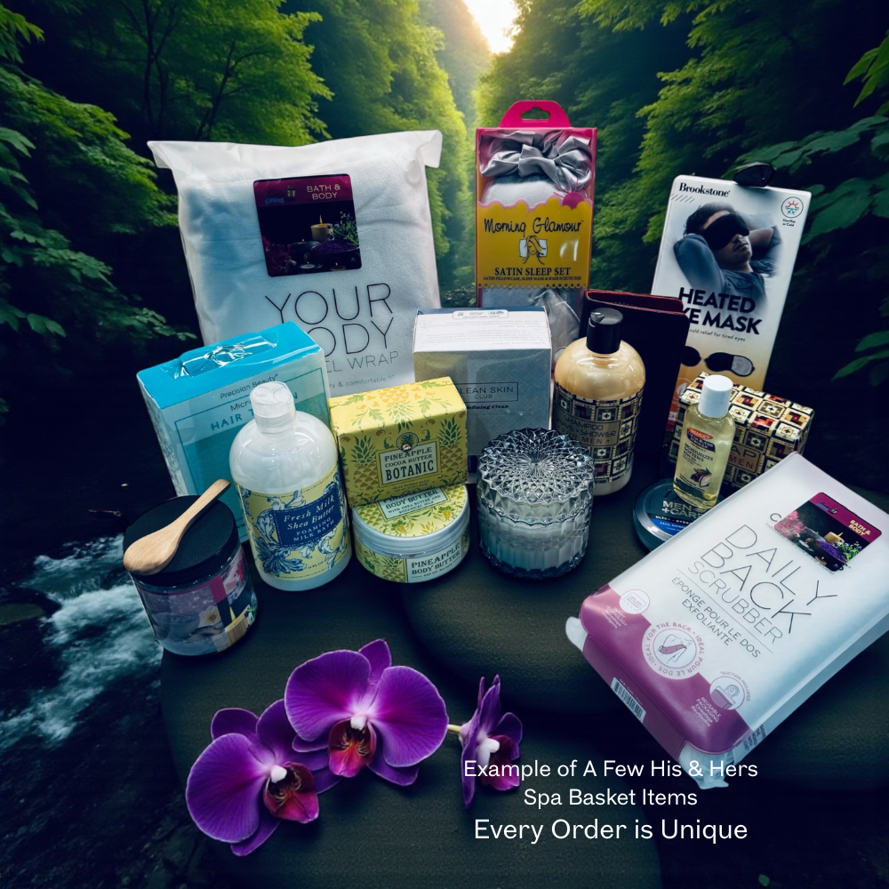 Spa basket items including bath products and a purple orchid on a natural background.