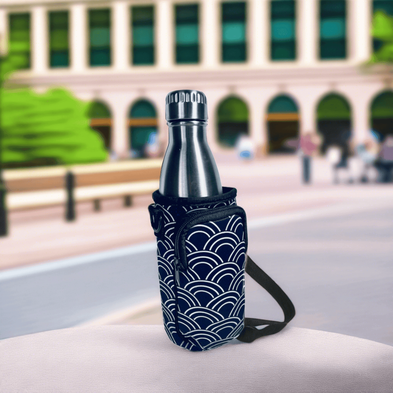 Stylish insulated water bottle and phone pouch with geometric pattern, perfect for on-the-go convenience and style.