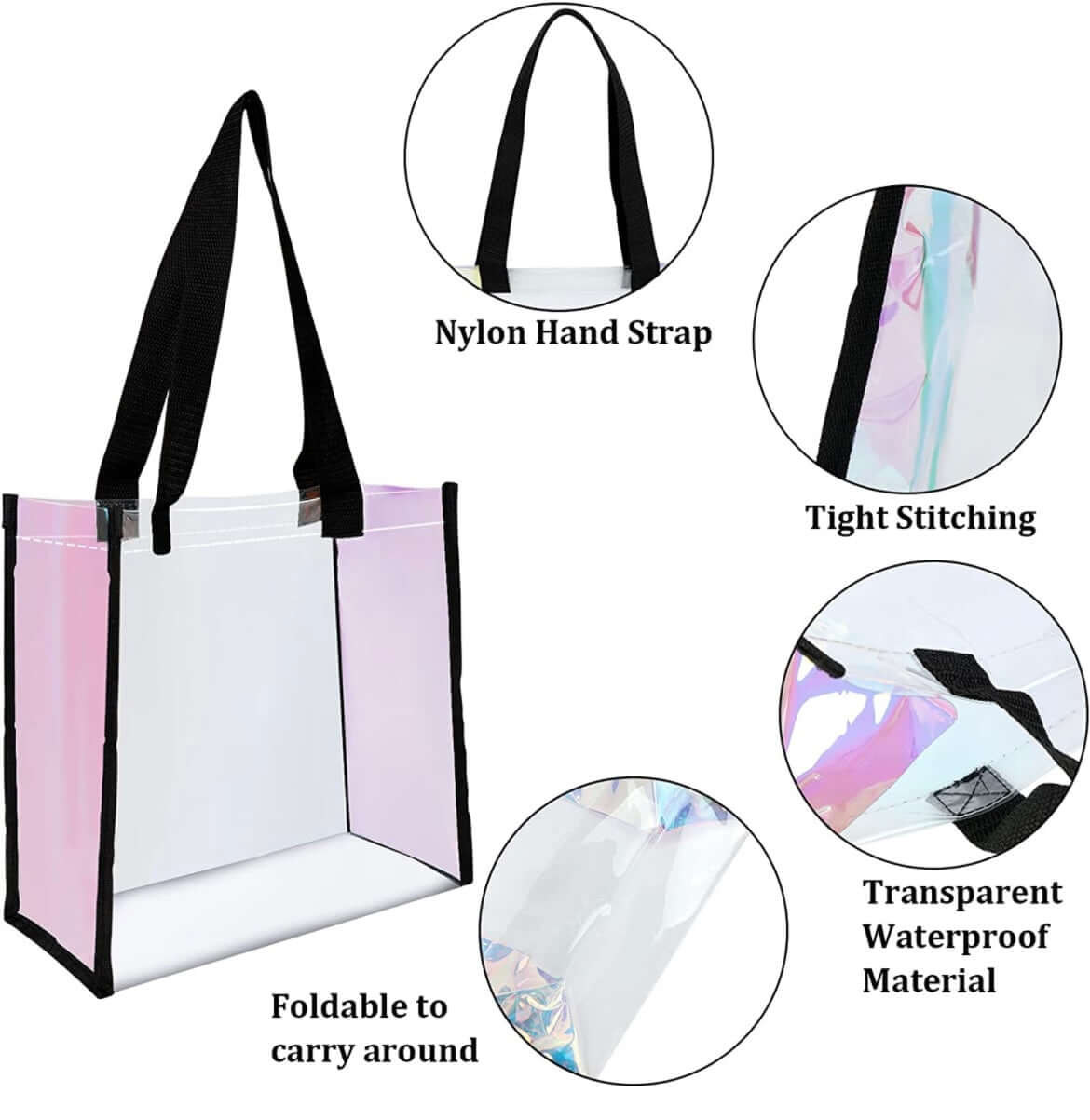 Transparent clear stadium tote bag with black nylon hand straps, tight stitching, and waterproof material for secure everyday carry.