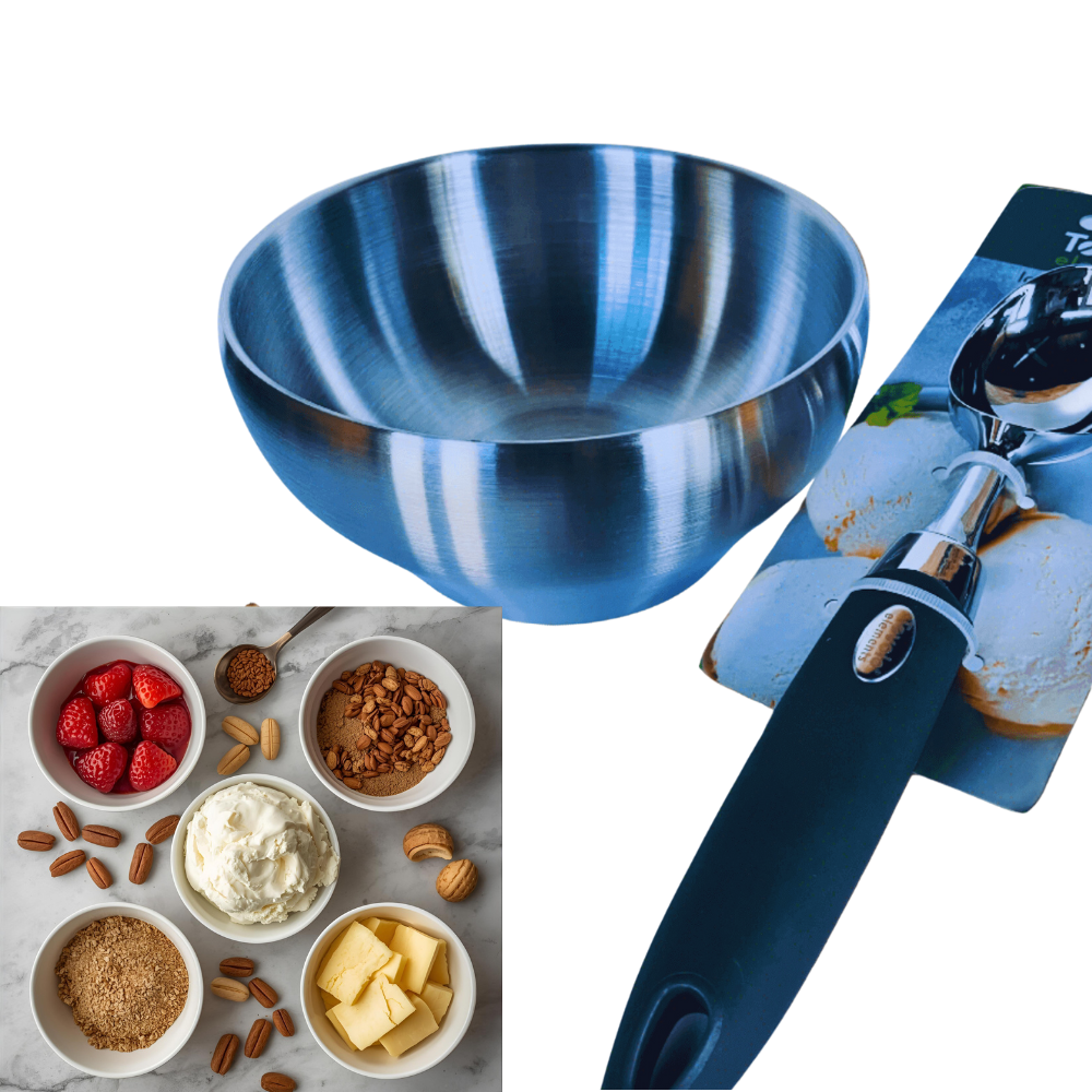 Blue metal bowl with a kitchen tool and ingredients on a white background