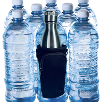Thumbnail for Metal water bottle with black holder surrounded by water bottles on a white background