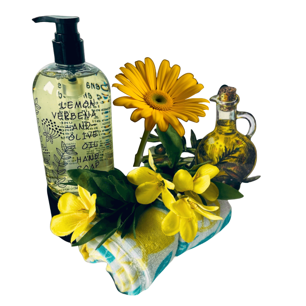 Hand soap, olive oil bottle, and yellow flowers on a white background
