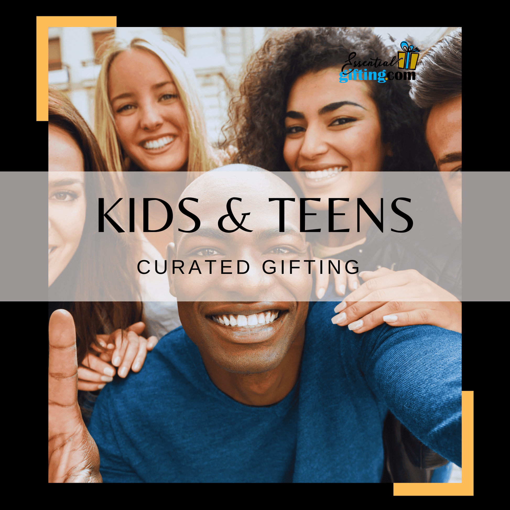 Smiling teenagers in a curated gift box for kids and teens.