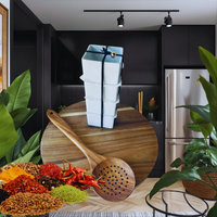 Thumbnail for Kitchen scene with spices, a wooden spoon, and a stack of white containers.