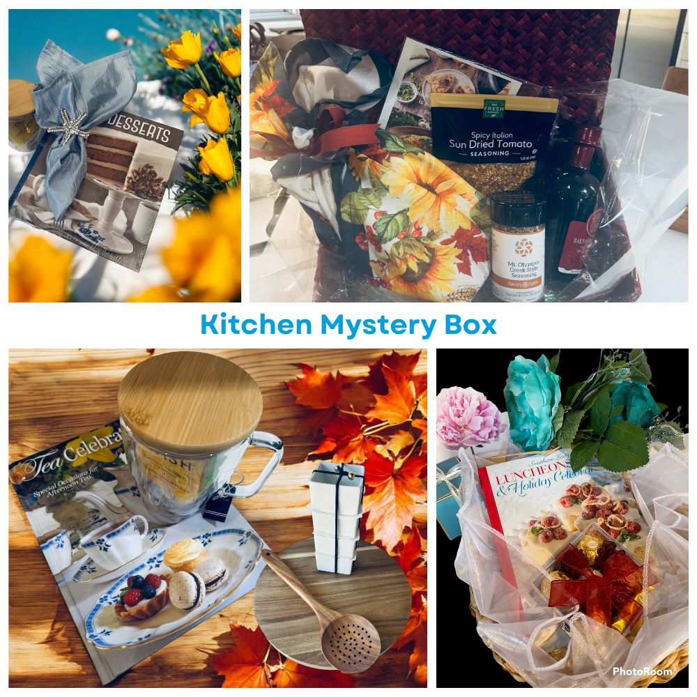 Collage of a kitchen mystery box with various items including flowers, tea set, and food products.