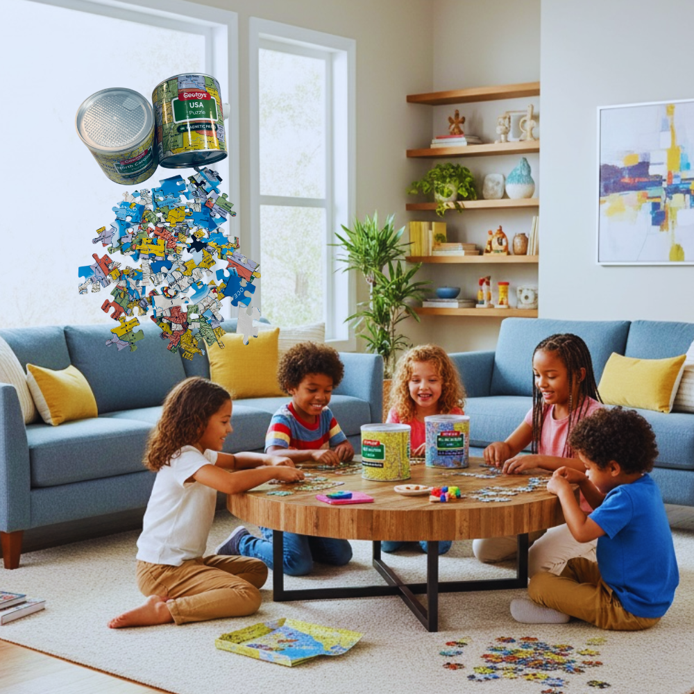 Children playing with puzzles and toys in a living room.