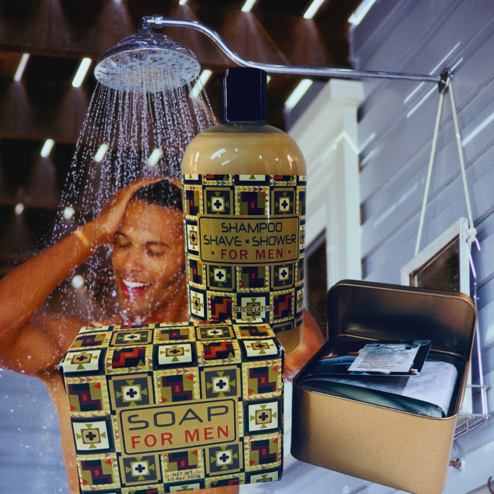 Shampoo, soap, and shaving products for men with a person showering in the background.