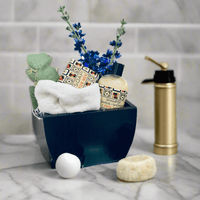 Thumbnail for Stylish personal care essentials: navy storage bin, plush towel, dried flowers, and grooming tools - a thoughtful Mens Shower Vase gift set from Essentialgifting.