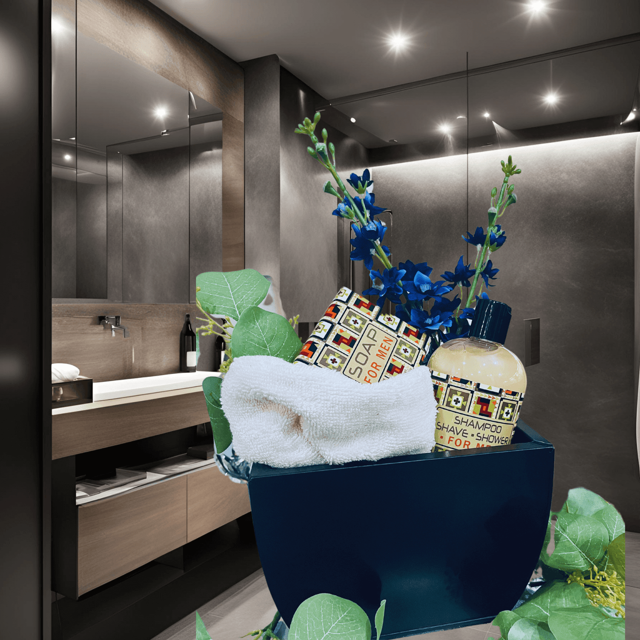Contemporary men's grooming essentials arranged in a modern bathroom, featuring a sleek shower vase with vibrant floral accents.