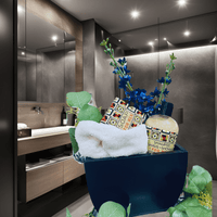 Thumbnail for Contemporary men's grooming essentials arranged in a modern bathroom, featuring a sleek shower vase with vibrant floral accents.