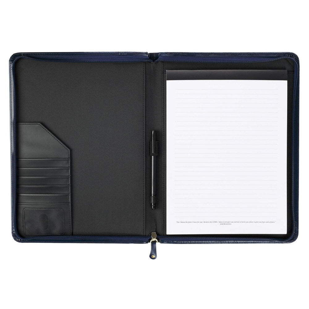 Black leather zippered folder with a pen holder and notepad on a white background - Exterior Navy