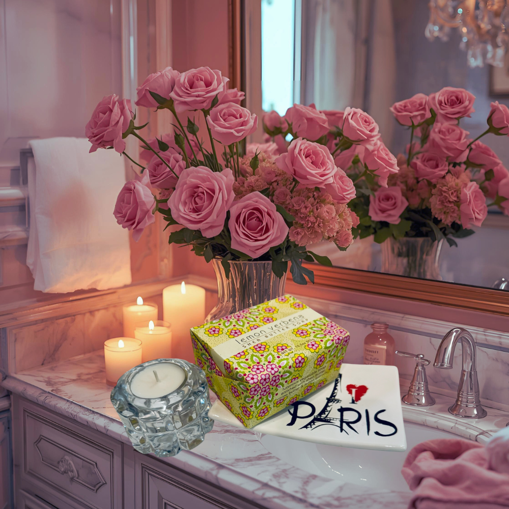 Bouquet of pink roses on a bathroom counter with candles and a 'I love Paris' card.