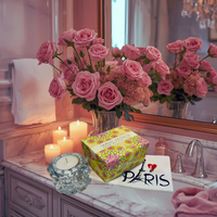 Thumbnail for Bouquet of pink roses on a bathroom counter with candles and a 'I love Paris' card.