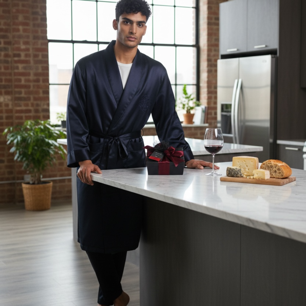 Man in a dark robe standing in a modern kitchen with a marble island.
