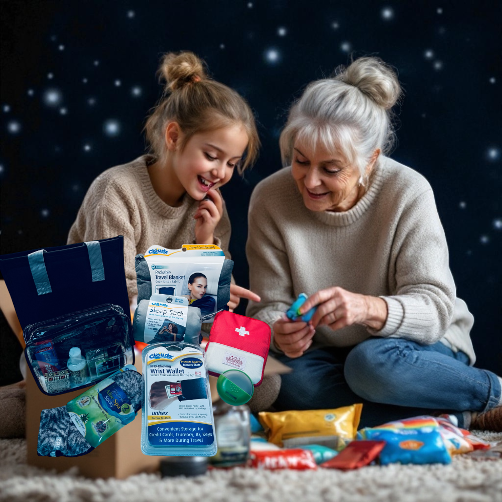 Grandmother and Grandaughter opening a care package gift