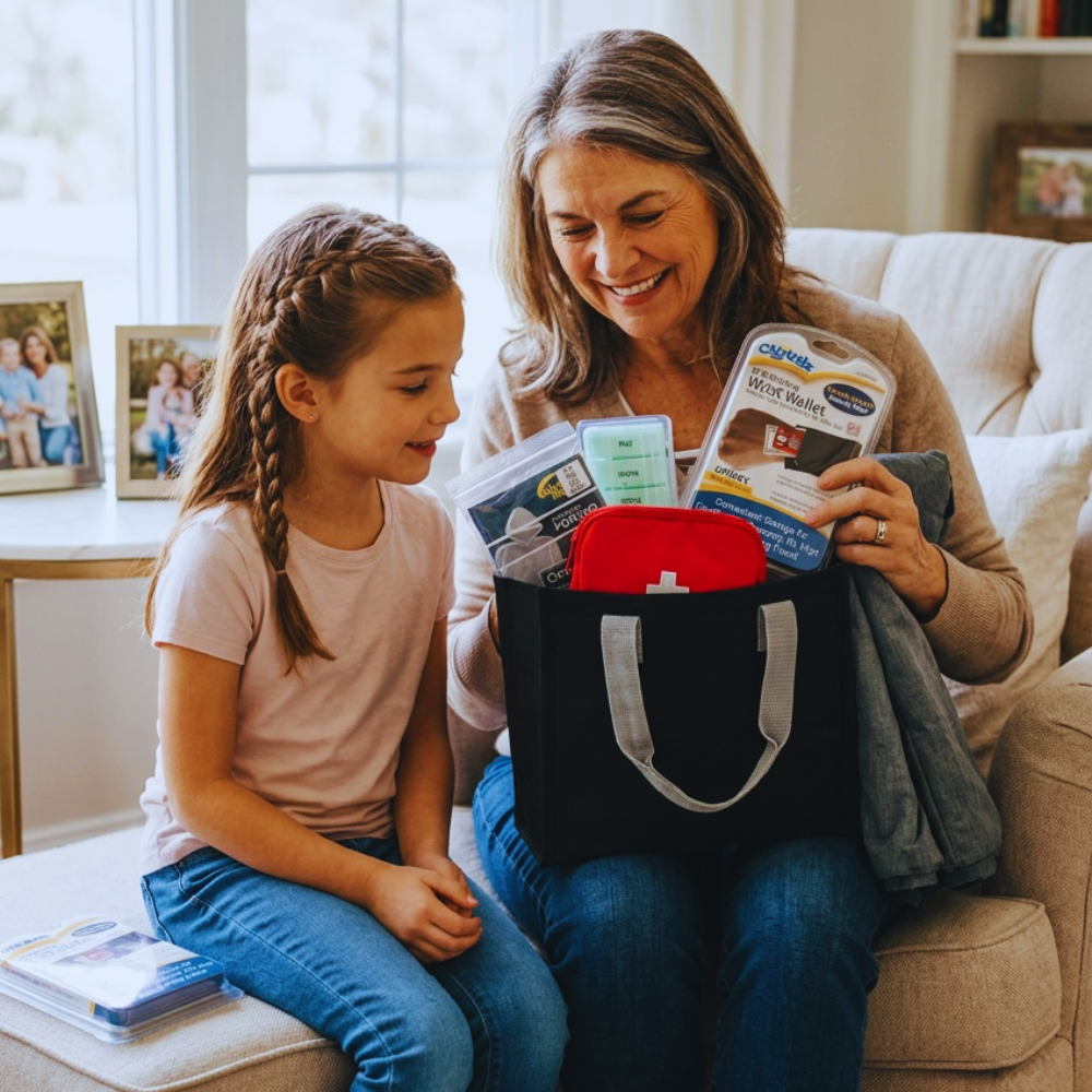 Woman and young girl sitting on a couch with a first aid kit and supplies.