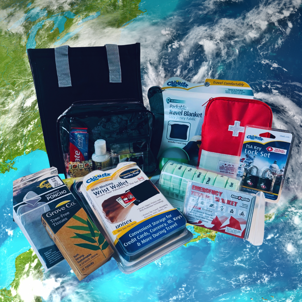 Collection of travel essentials including a first aid kit, lock set, and poncho on a world map background.