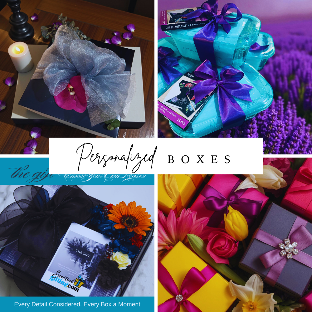 Collage of personalized boxes with decorative bows and flowers, featuring the brand 'Personalized Boxes'.