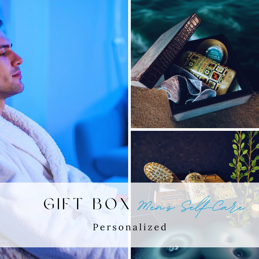 Collage of a man in a robe, a gift box with a product, and a close-up of the product.