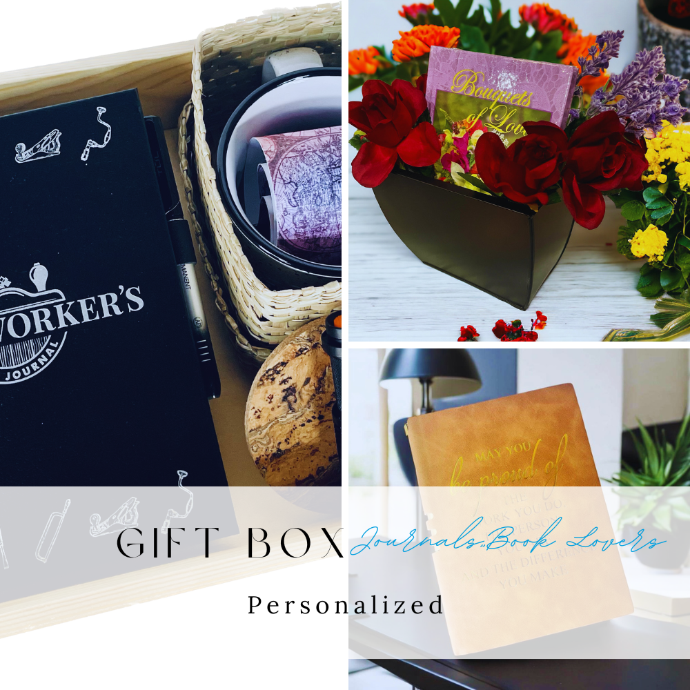 Collage of gift items including a journal, flowers, and a personalized book with text.