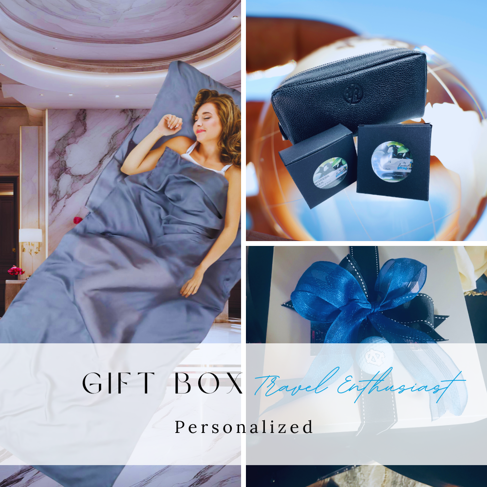 Collage of a woman in bed, jewelry boxes, and a gift box with a blue bow.