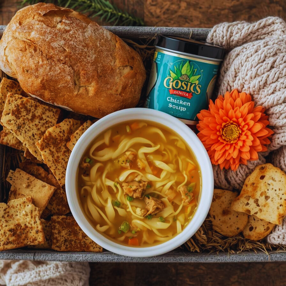 Bowl of chicken noodle soup with crackers, bread, and a can of Gosik's Chicken Soup on a wooden surface.