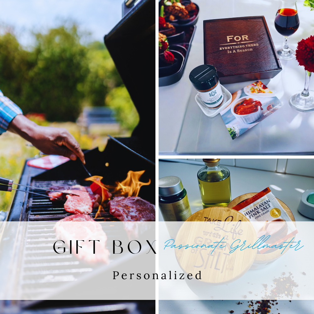 Collage of images including a grill, dining table setup, and personalized gift box.