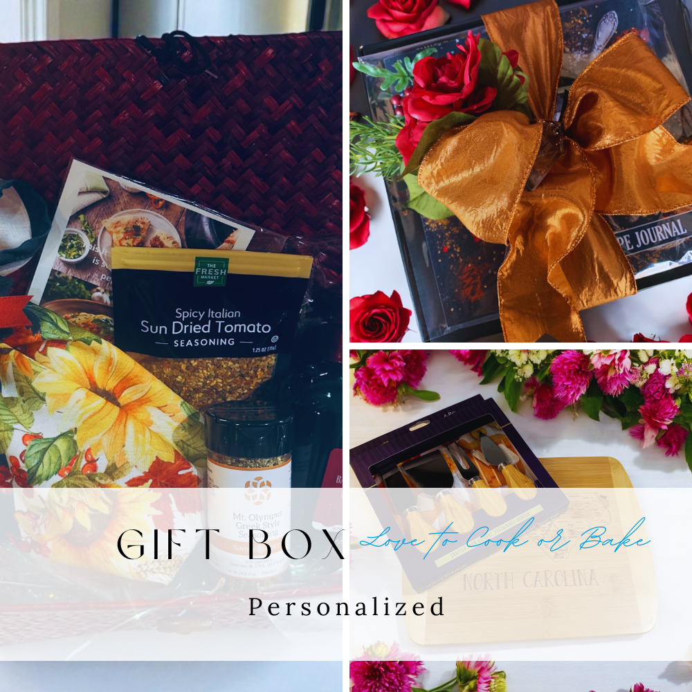 Collage of a gift box with food items and decorative elements.