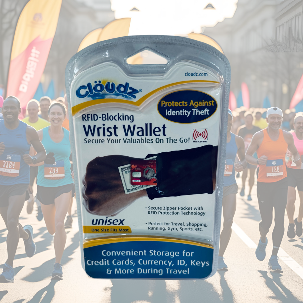 Cloudz RFID-blocking wrist wallet packaging with a running event background