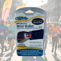 Thumbnail for Cloudz RFID-blocking wrist wallet packaging with a running event background