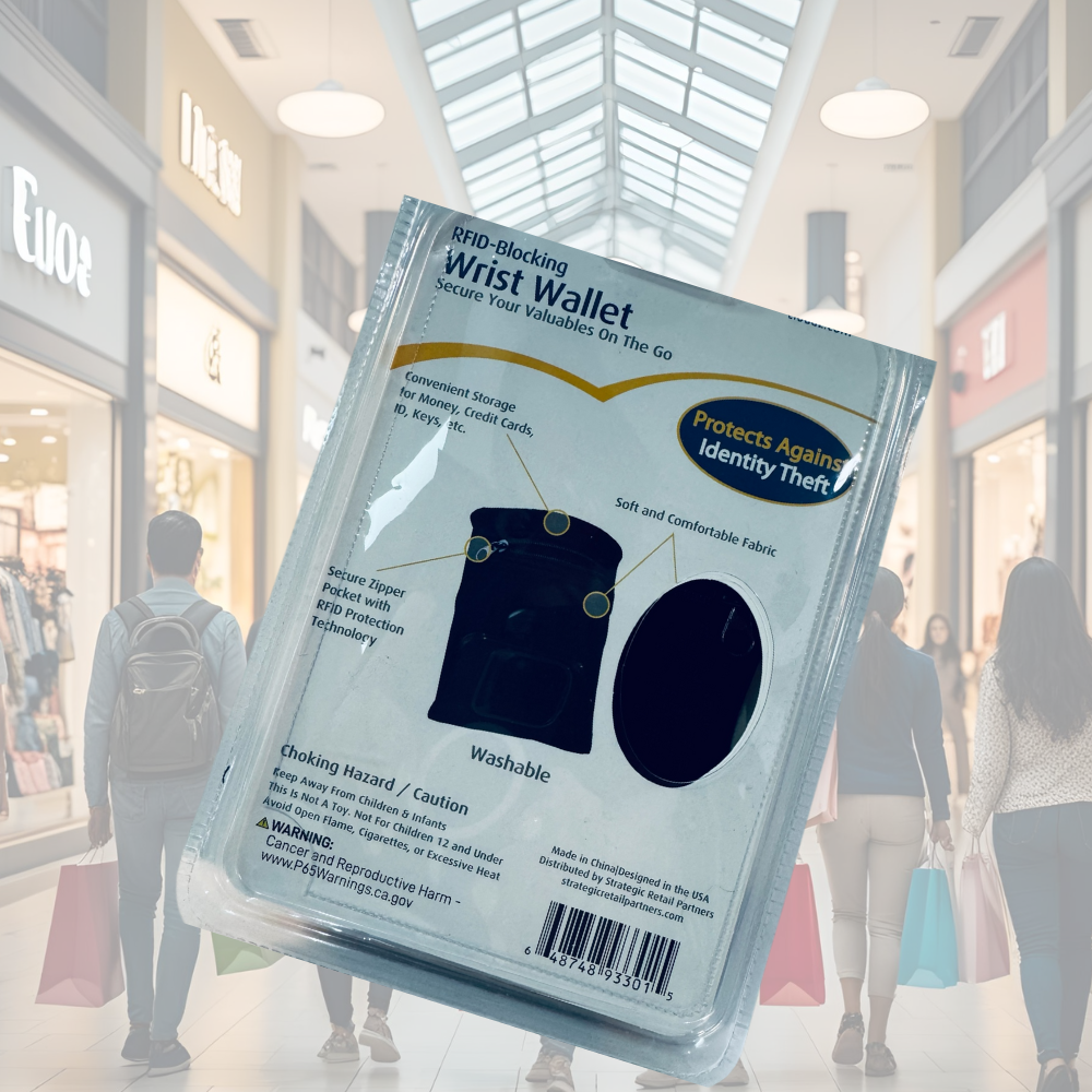 Packaged wrist wallet with product details in a blurred mall background