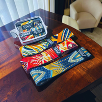 Thumbnail for Three colorful patterned belt-like accessories with visible SRY branding are arranged on a wooden table, with an open matching zip case above them in a real indoor room setting.