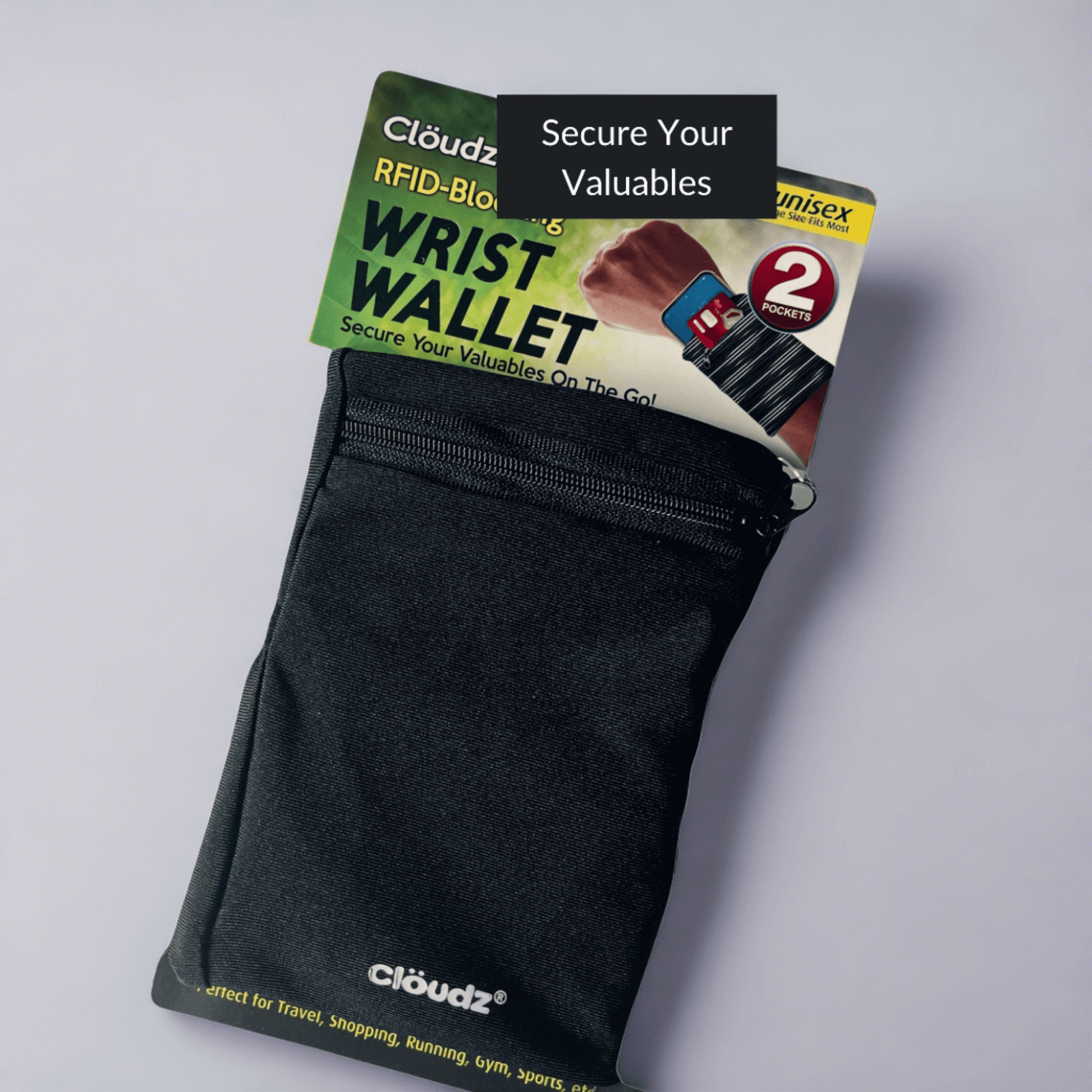 Black RFID-blocking wrist wallet with secured compartment for valuables.