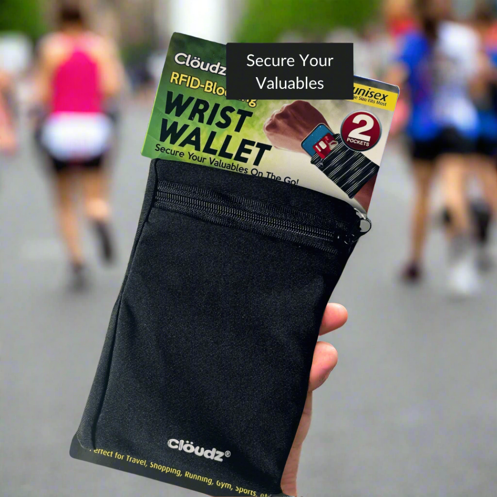 Black RFID-blocking wrist wallet with secured compartment for valuables.